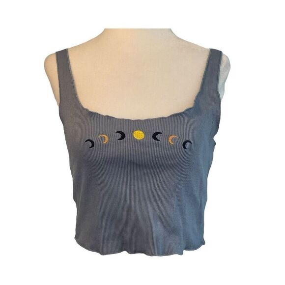 Forever 21 Embroidered Phases of the Moon Tank Top Blue Ribbed Knit Cropped S - Picture 1 of 7